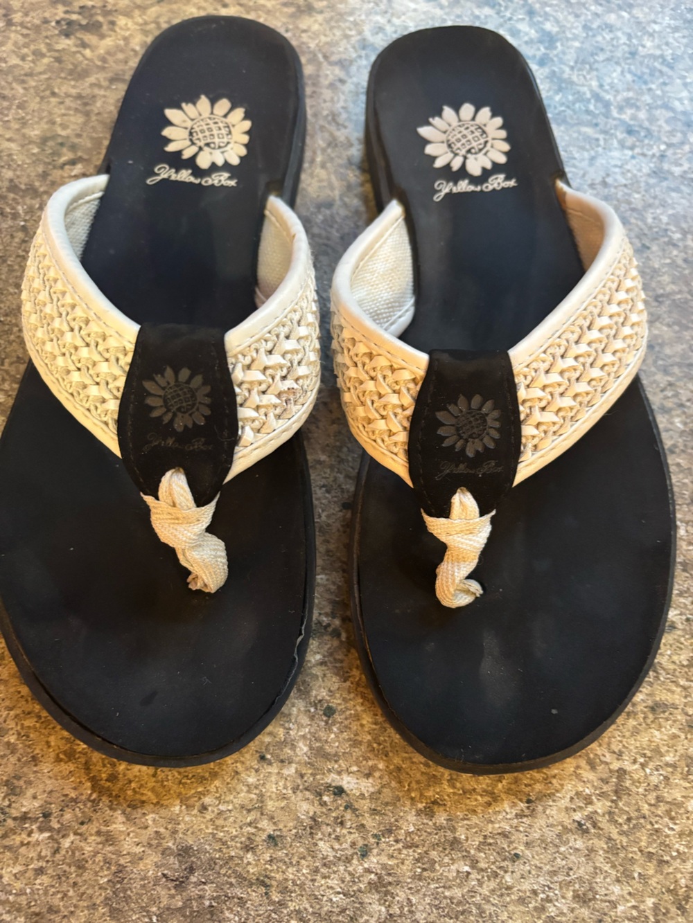 Yellow Box Black Footbed Woven Cream Strap Flip Flops